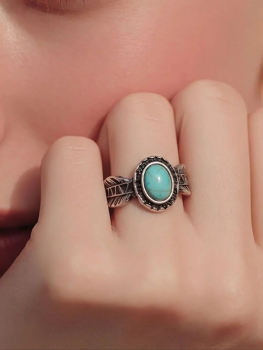 Boho Turquoise Feather Ring 🌵 Antique Silver | Western Tribal Festival Style